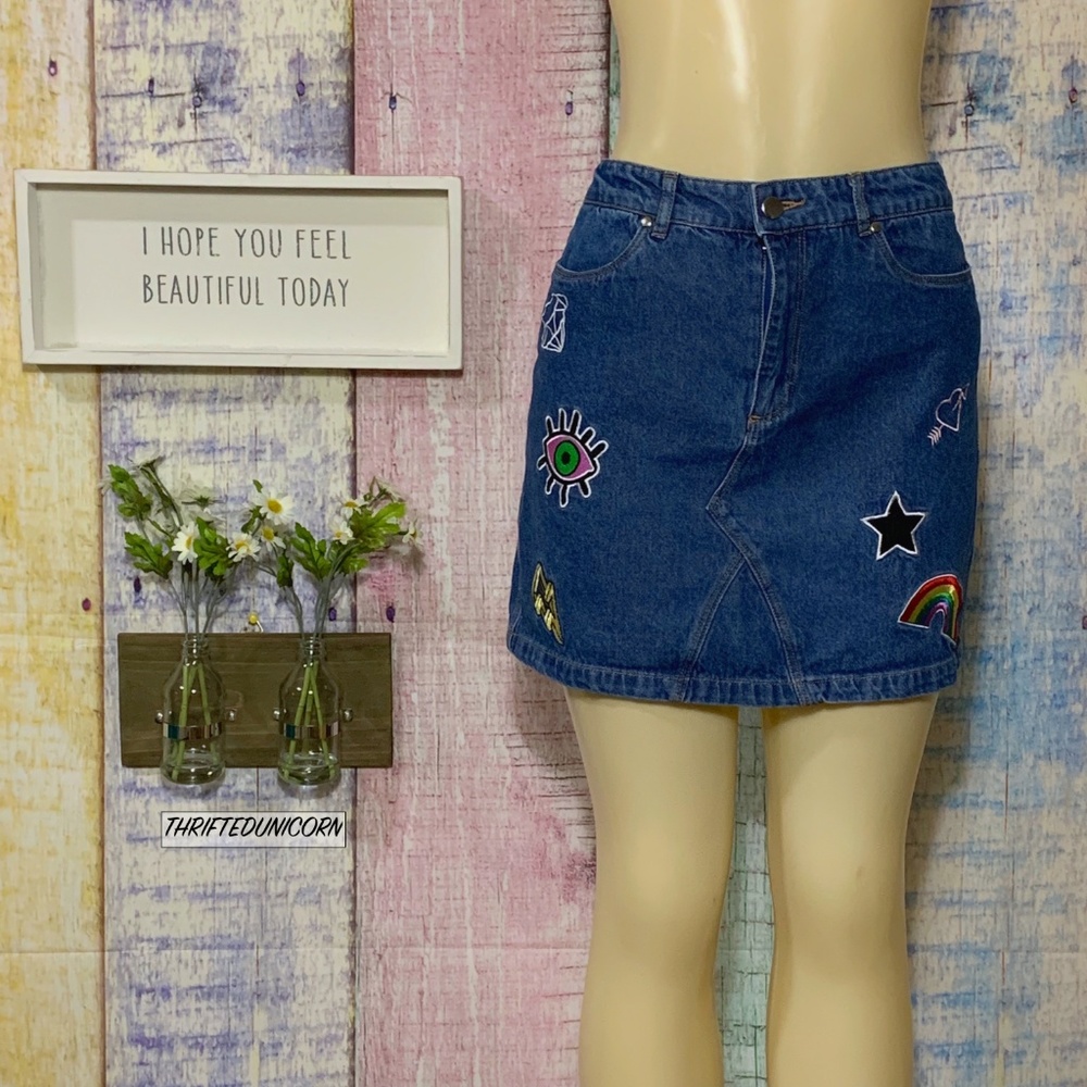H&M PATCH DENIM HIGH WAISTED PENCIL JEAN SKIRT